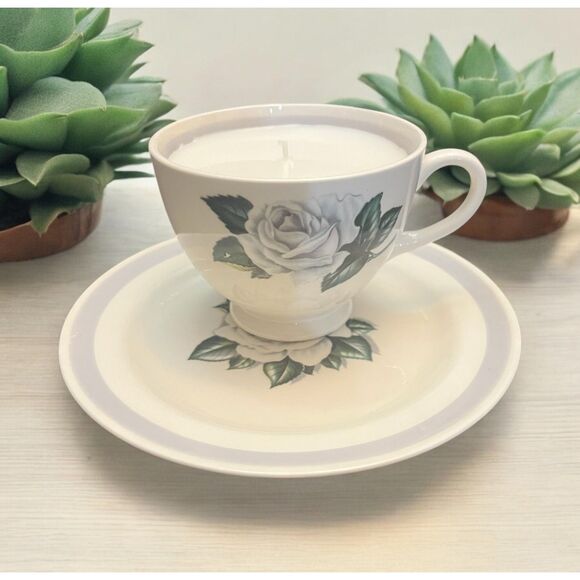 Homer Laughlin Nautilus Teacup Candle | Rustic Rose Scent | Pet Safe | 5oz+ - Picture 1 of 2